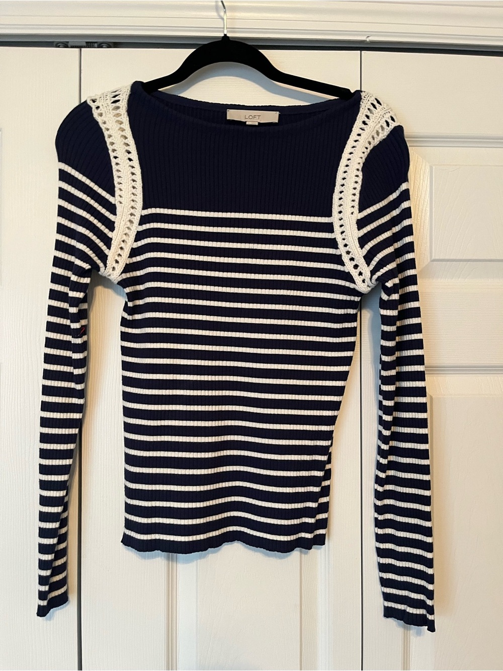 LOFT Navy & White Crochet-Trim Striped Ribbed Sweater
